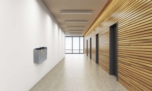 Office lobby with white and wooden wall